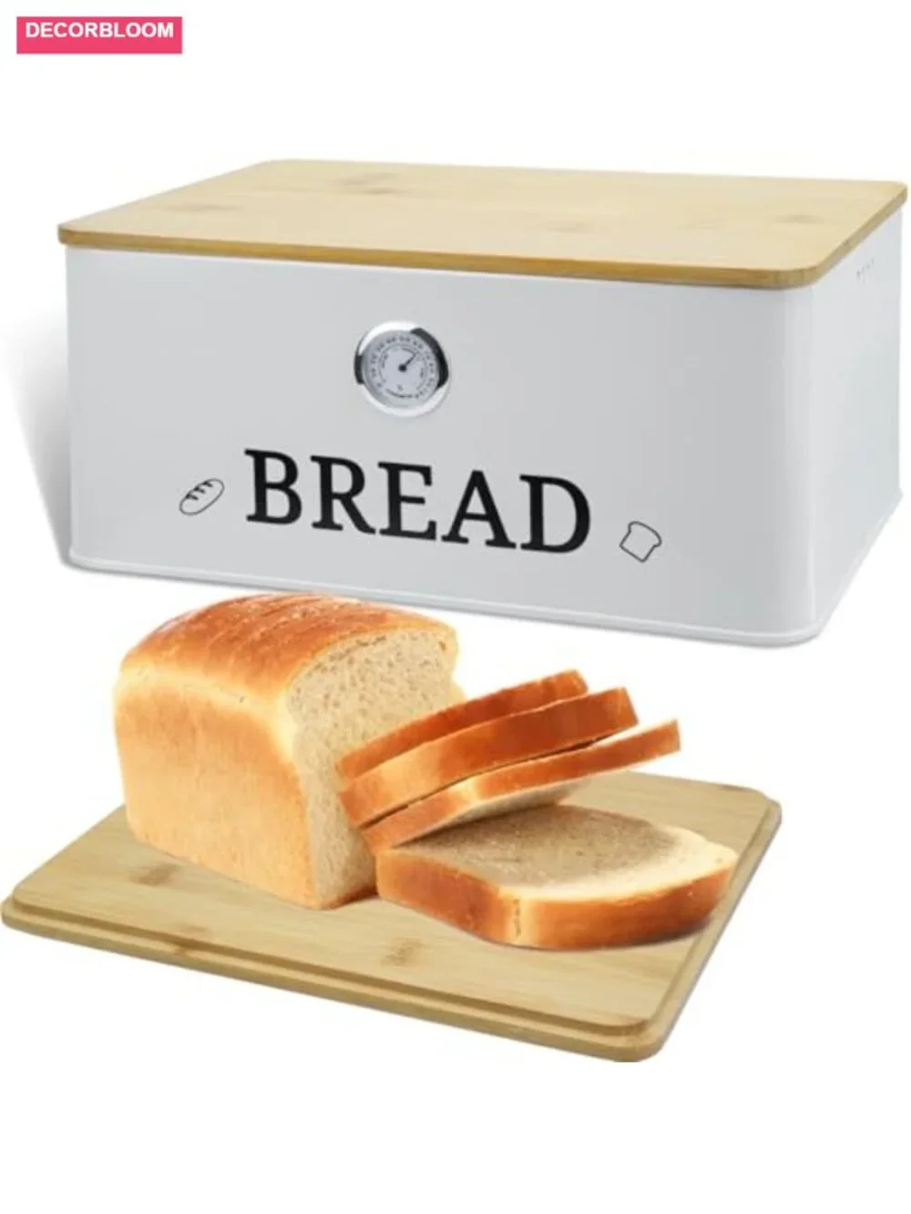 Bread Box with Bamboo Lid Cutting Board Hygrometer